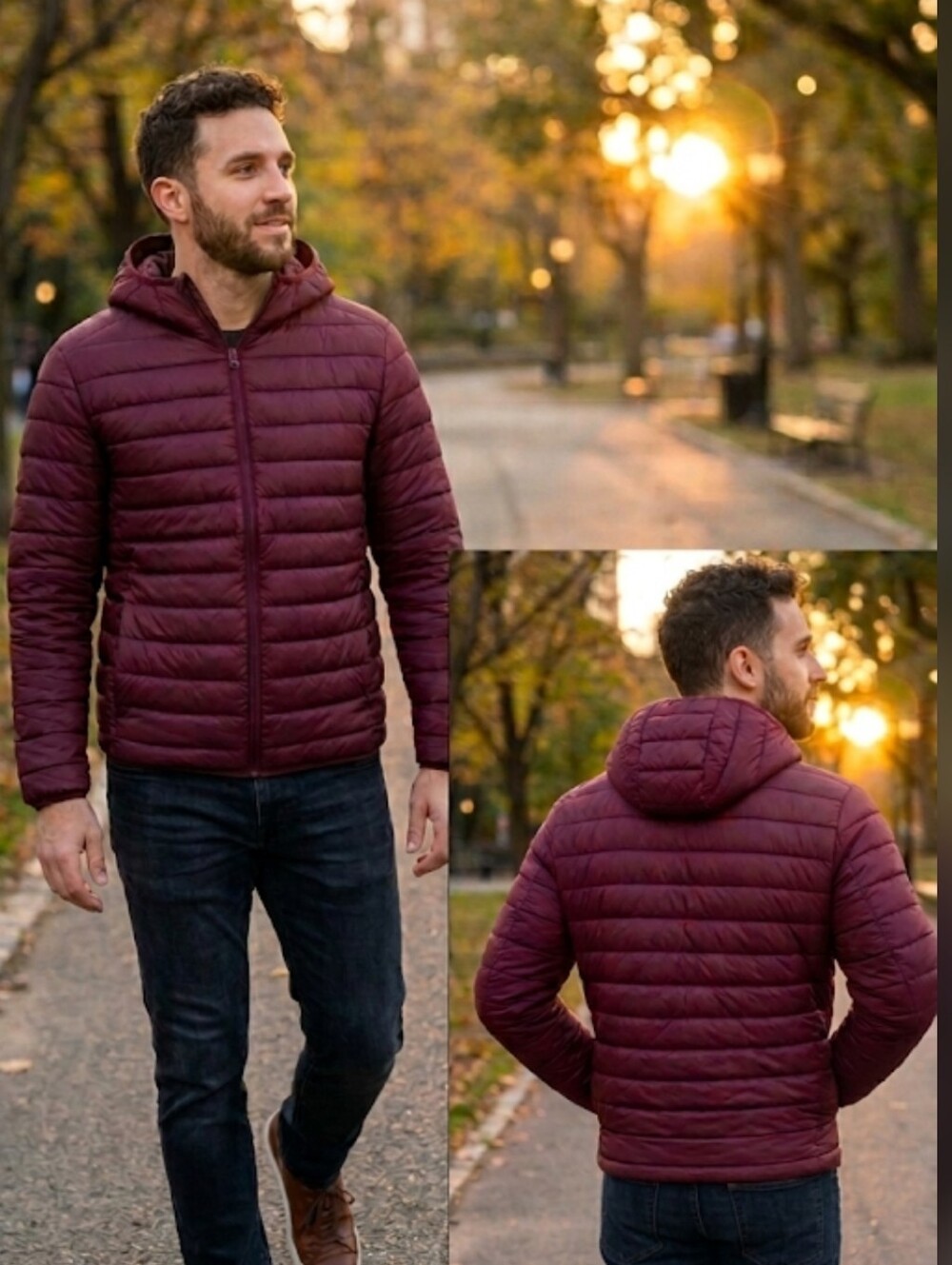 H&M Men's Lightweight Hooded Puffer Jacket - Dark Red / Burgundy Size M